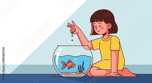 Little girl feeding goldfish in bowl.