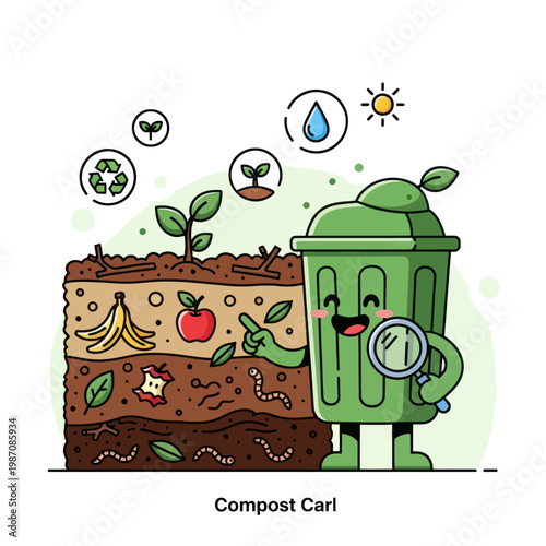 Compost Carl Character Explaining Composting Process.