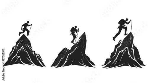 Silhouetted figures depicting climbers ascending mountain peaks, using poles for support. Black and white
