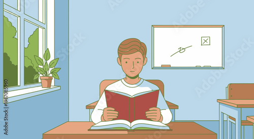 Young boy reading book sitting down.