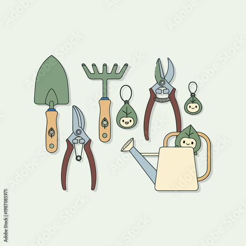 Cute Cartoon Gardening Tools and Watering Can Set.