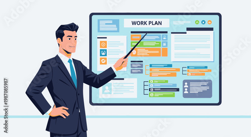 Businessman presenting work plan on screen.