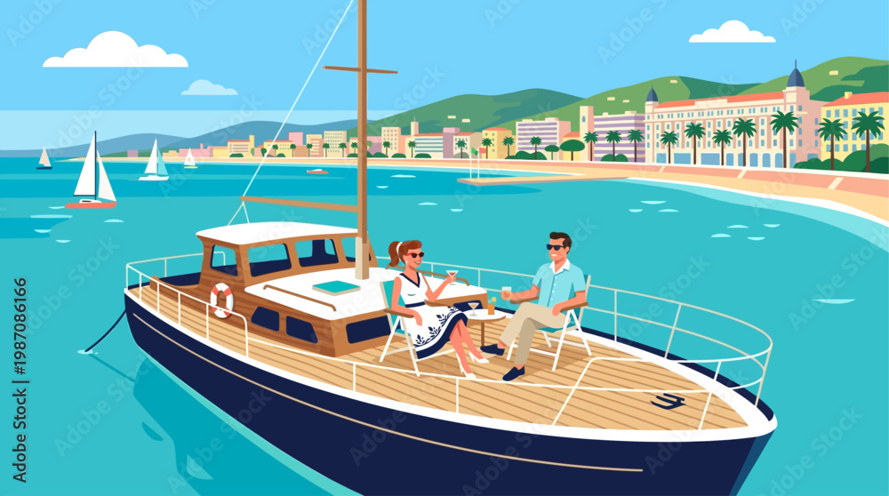 Obraz premium Elegant retro illustration of couple relaxing on a luxury yacht near Cannes coastline. Calm sea, sailboats, and Mediterranean cityscape highlight premium travel, leisure, and summer lifestyle vibes.