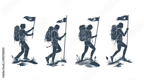Silhouettes of hikers with flags and backpacks. The hikers are in a row, traversing rocky terrains