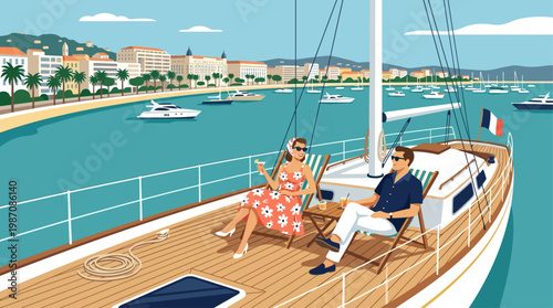 Elegant retro illustration of couple relaxing on a luxury yacht near Cannes coastline. Calm sea, sailboats, and Mediterranean cityscape highlight premium travel, leisure, and summer lifestyle vibes.