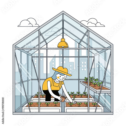 Woman tending to plants in a greenhouse with city skyline visible.