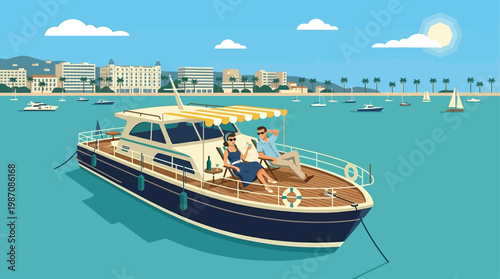 Elegant retro illustration of couple relaxing on a luxury yacht near Cannes coastline. Calm sea, sailboats, and Mediterranean cityscape highlight premium travel, leisure, and summer lifestyle vibes.