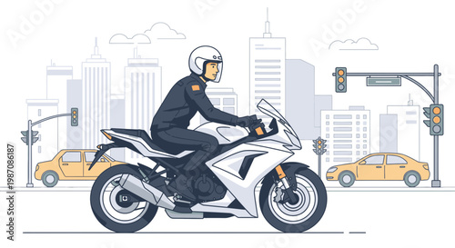 Man Riding Motorcycle Wearing Helmet.