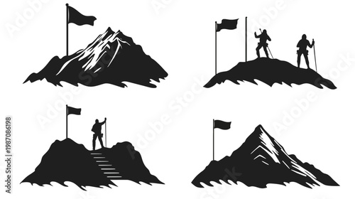 Black and white illustration of mountain climbing with flags and silhouettes