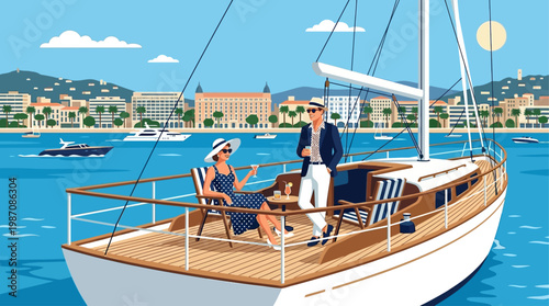 Elegant retro illustration of couple relaxing on a luxury yacht near Cannes coastline. Calm sea, sailboats, and Mediterranean cityscape highlight premium travel, leisure, and summer lifestyle vibes.