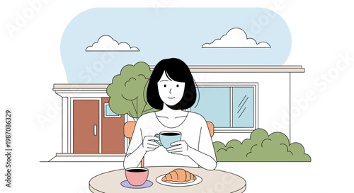 Woman Eating Breakfast Alone Outdoors.