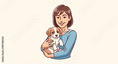 Woman holding cute little brown dog.