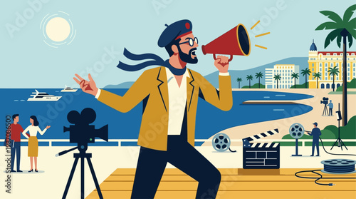 Stylized retro illustration of film director using megaphone on Cannes beach set. Features camera, crew, and coastal cityscape, capturing filmmaking, production, and creative cinema lifestyle.