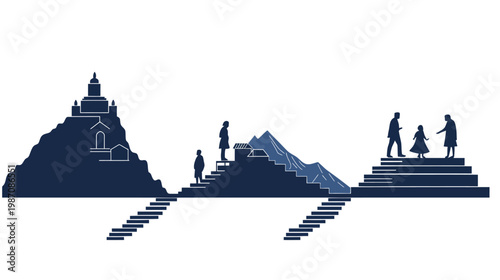 Minimalist silhouette depicting diverse formations, stairs, structures, and figures, evoking journey