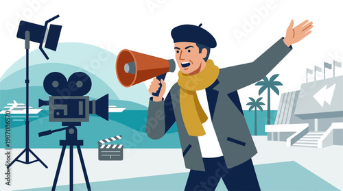 Stylized retro illustration of film director using megaphone on Cannes beach set. Features camera, crew, and coastal cityscape, capturing filmmaking, production, and creative cinema lifestyle.