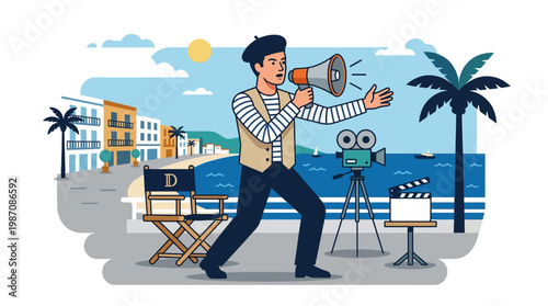 Stylized retro illustration of film director using megaphone on Cannes beach set. Features camera, crew, and coastal cityscape, capturing filmmaking, production, and creative cinema lifestyle.