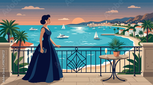 Elegant woman in emerald evening gown on a balcony overlooking Cannes coastline at sunset, yachts and palm-lined walk glowing under crescent moon, luxury, vintage Riviera glamour style illustration