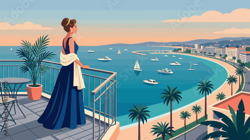 Elegant woman in emerald evening gown on a balcony overlooking Cannes coastline at sunset, yachts and palm-lined walk glowing under crescent moon, luxury, vintage Riviera glamour style illustration