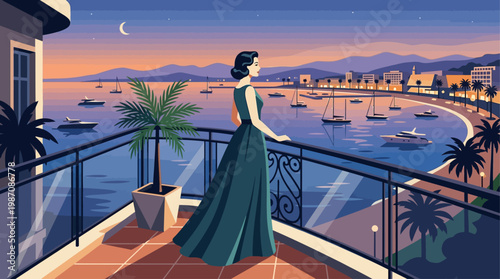 Elegant woman in emerald evening gown on a balcony overlooking Cannes coastline at sunset, yachts and palm-lined walk glowing under crescent moon, luxury, vintage Riviera glamour style illustration
