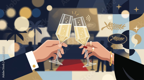 Elegant hands clinking champagne glasses at glamorous Cannes night party with festival crowd, palm silhouettes and sparkling lights, symbol of luxury celebration, cinema glamour and Riviera nightlife.