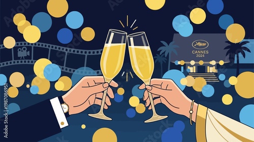 Elegant hands clinking champagne glasses at glamorous Cannes night party with festival crowd, palm silhouettes and sparkling lights, symbol of luxury celebration, cinema glamour and Riviera nightlife.