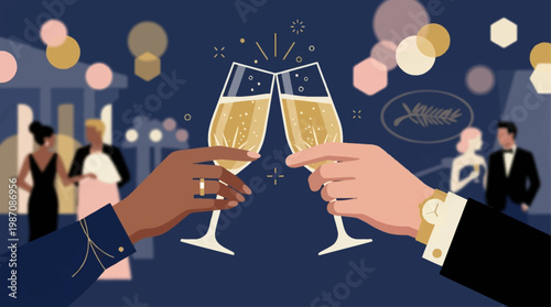 Elegant hands clinking champagne glasses at glamorous Cannes night party with festival crowd, palm silhouettes and sparkling lights, symbol of luxury celebration, cinema glamour and Riviera nightlife.