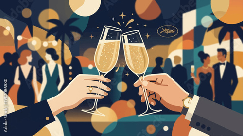 Elegant hands clinking champagne glasses at glamorous Cannes night party with festival crowd, palm silhouettes and sparkling lights, symbol of luxury celebration, cinema glamour and Riviera nightlife.