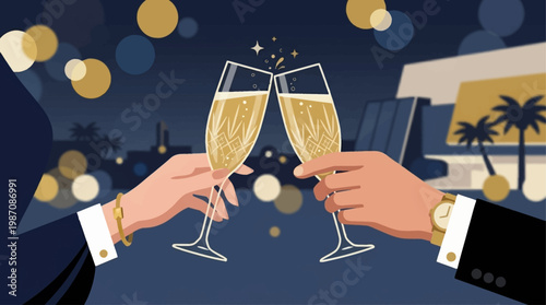 Elegant hands clinking champagne glasses at glamorous Cannes night party with festival crowd, palm silhouettes and sparkling lights, symbol of luxury celebration, cinema glamour and Riviera nightlife.