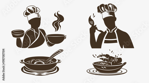 Stylized silhouette chefs preparing and serving food, including steaming bowls and plated dishes