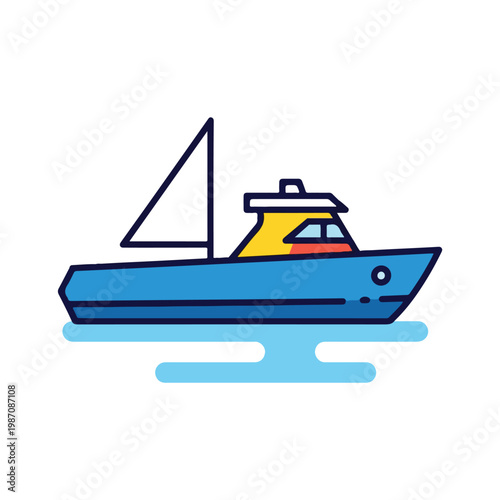 Blue boat with yellow cabin sailing on water with white sail