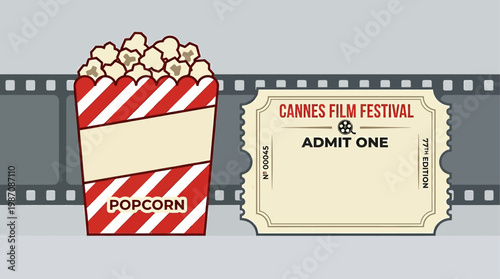 Vintage style popcorn bucket and cinema tickets with film strip background inspired by Cannes film festival, symbol of movie premiere, entertainment industry and luxury cinema experience illustration.
