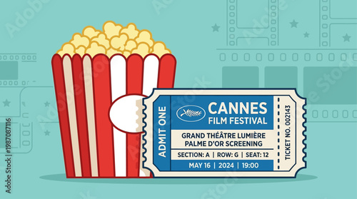 Vintage style popcorn bucket and cinema tickets with film strip background inspired by Cannes film festival, symbol of movie premiere, entertainment industry and luxury cinema experience illustration.