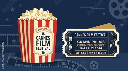 Vintage style popcorn bucket and cinema tickets with film strip background inspired by Cannes film festival, symbol of movie premiere, entertainment industry and luxury cinema experience illustration.