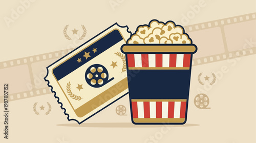 Vintage style popcorn bucket and cinema tickets with film strip background inspired by Cannes film festival, symbol of movie premiere, entertainment industry and luxury cinema experience illustration.