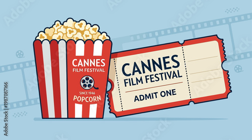 Vintage style popcorn bucket and cinema tickets with film strip background inspired by Cannes film festival, symbol of movie premiere, entertainment industry and luxury cinema experience illustration.