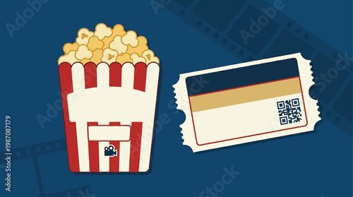 Vintage style popcorn bucket and cinema tickets with film strip background inspired by Cannes film festival, symbol of movie premiere, entertainment industry and luxury cinema experience illustration.