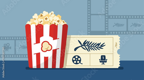 Vintage style popcorn bucket and cinema tickets with film strip background inspired by Cannes film festival, symbol of movie premiere, entertainment industry and luxury cinema experience illustration.