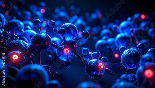 atomi e molecole blu e rosse di fantasia, legati insieme, in un ambiente astratto e oscuro 