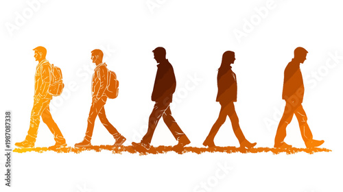 Illustration showing silhouettes of people walking in a row, with varying shades