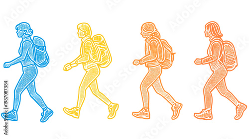 Four stylized figures with backpacks walking to the right, in blue, yellow, and orange gradients