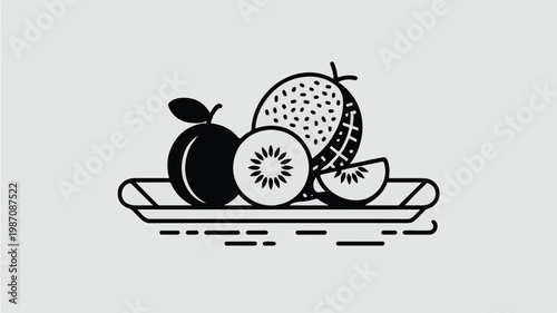 black and white illustration of fruit on a plate