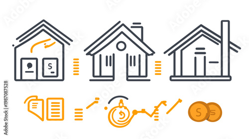 Collection of stylized house illustrations with financial symbols, graphs, and currency