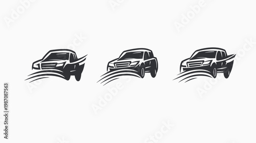 Three stylized, grayscale illustrations of different vehicles speeding across a white background