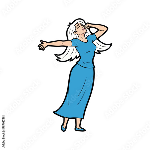 Cartoon senior woman with long white hair standing in blue dress