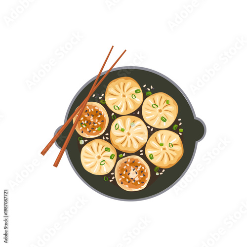 Top View Pan-Fried Dumplings Gyoza with Chopsticks