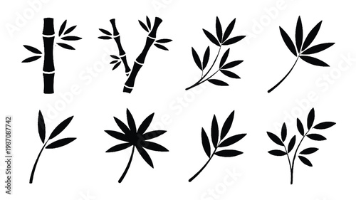 black silhouette of various plant leaves and bamboo sticks on white background