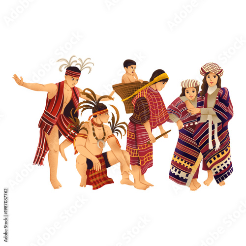 Indigenous Igorot People of Philippines in Traditional Tribal Attire Illustration