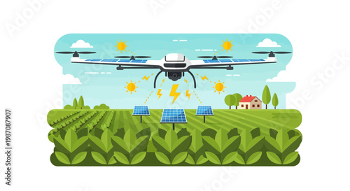 Drone with solar panels monitors crops and generates clean energy on a farm
