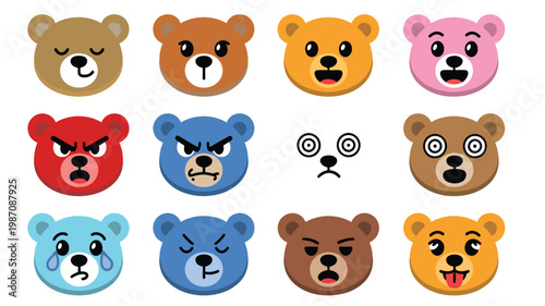 Colorful bear emoji faces showing range of emotions happy and sad for digital communication and reaction icons vector illustration