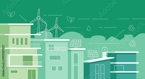 Eco-friendly city skyline with wind turbines, solar panels, and battery storage